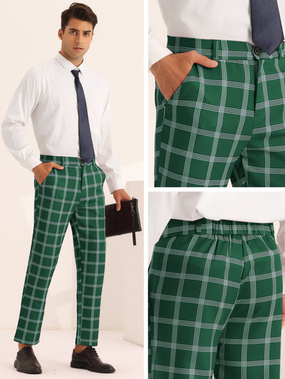 Plaid Dress Pants for Men's Slim Fit Flat Front Checked Pattern Trousers