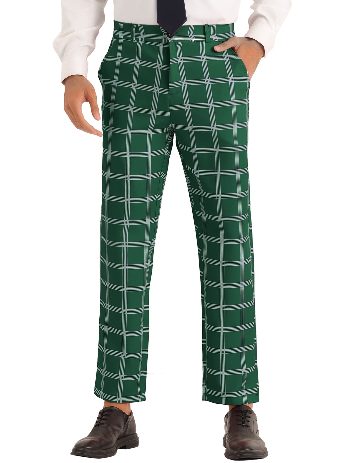 Bublédon Plaid Dress Pants for Men's Slim Fit Flat Front Checked Pattern Trousers