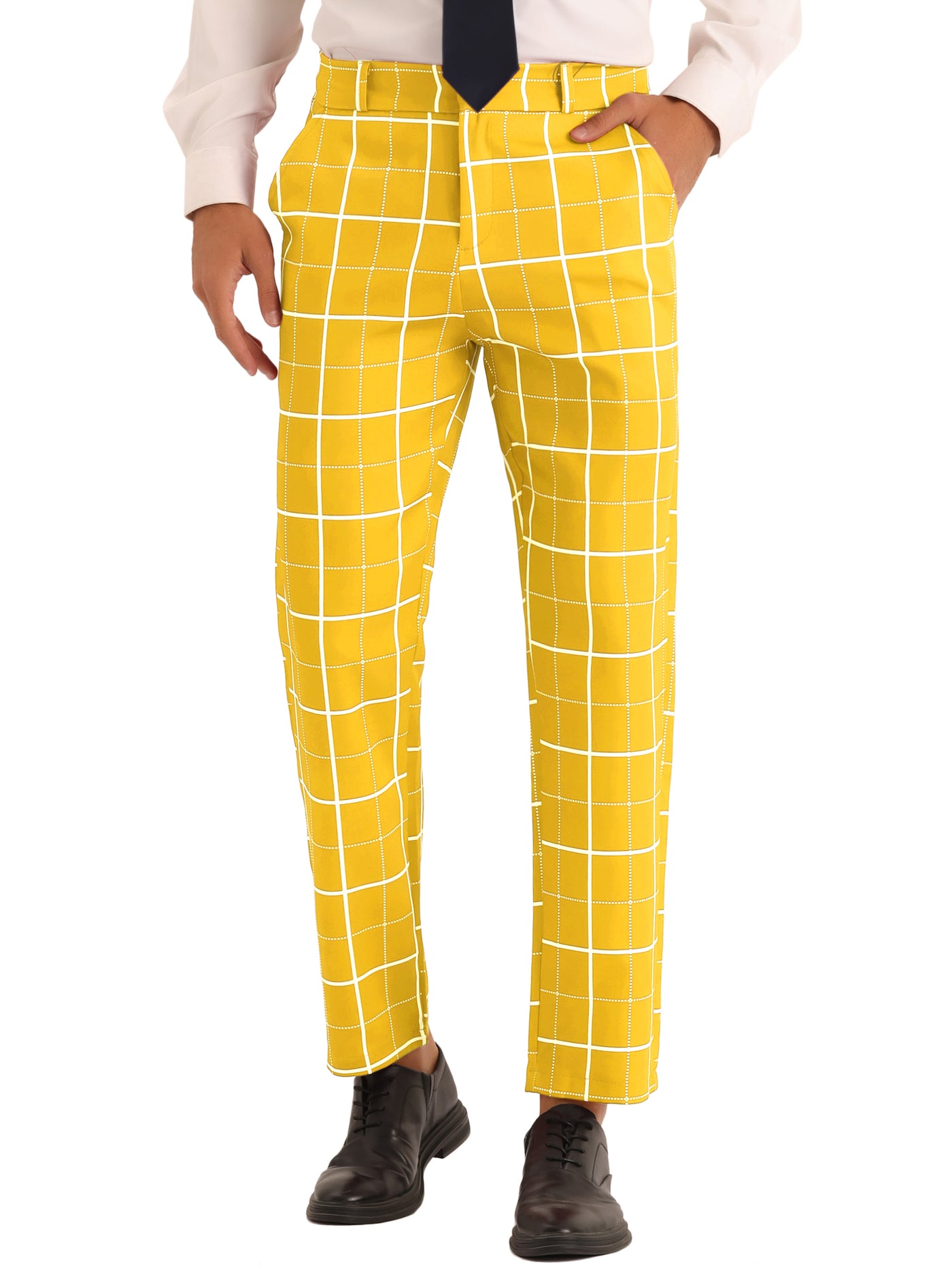 Bublédon Men's Business Slim Fit Flat Front Checked Pants