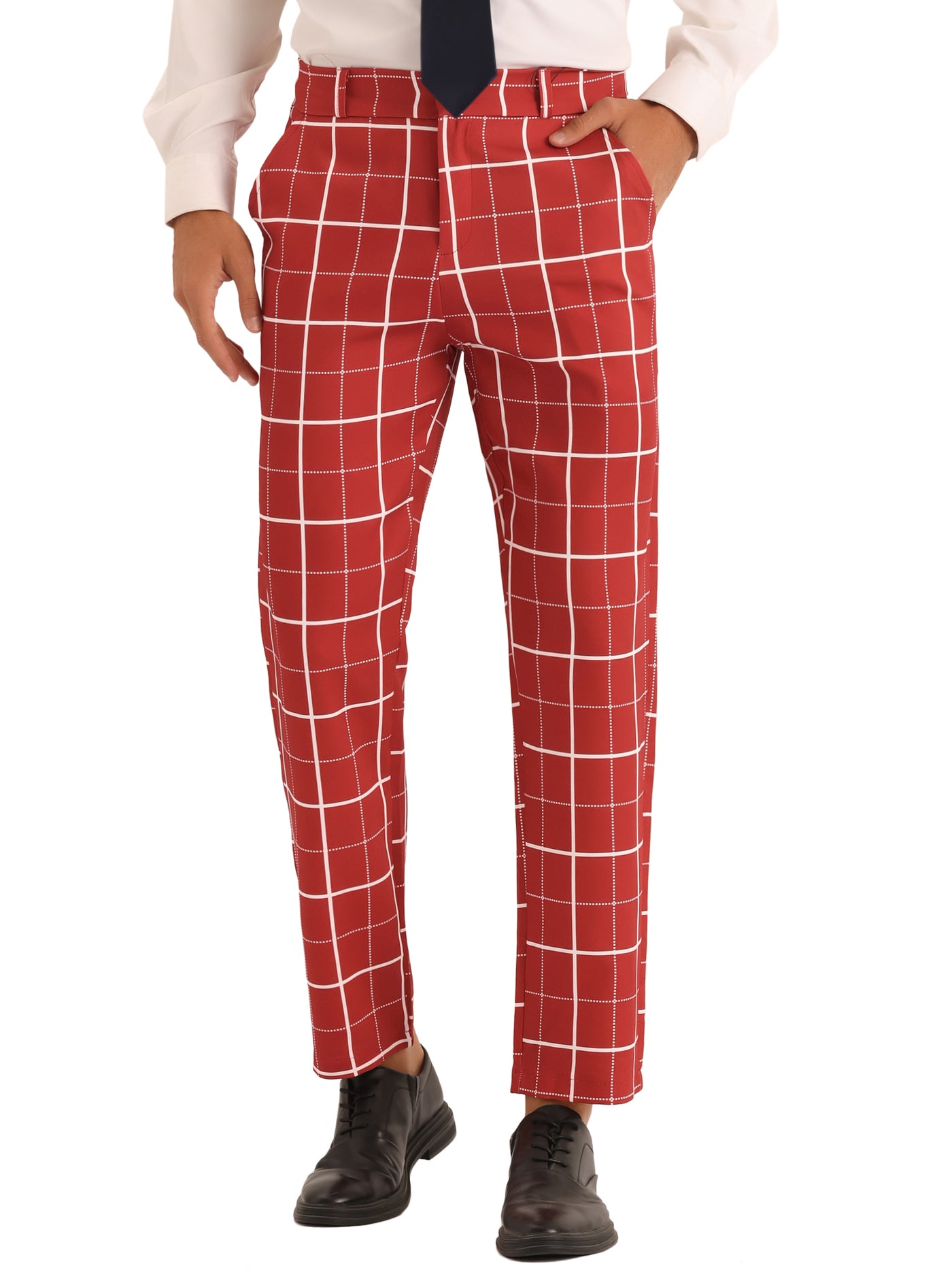 Bublédon Men's Business Slim Fit Flat Front Checked Pants