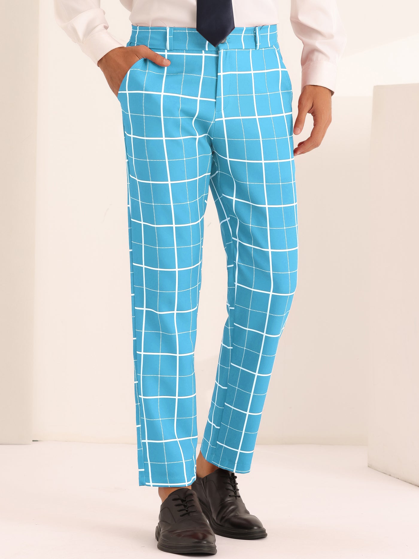 Bublédon Men's Business Slim Fit Flat Front Checked Pants