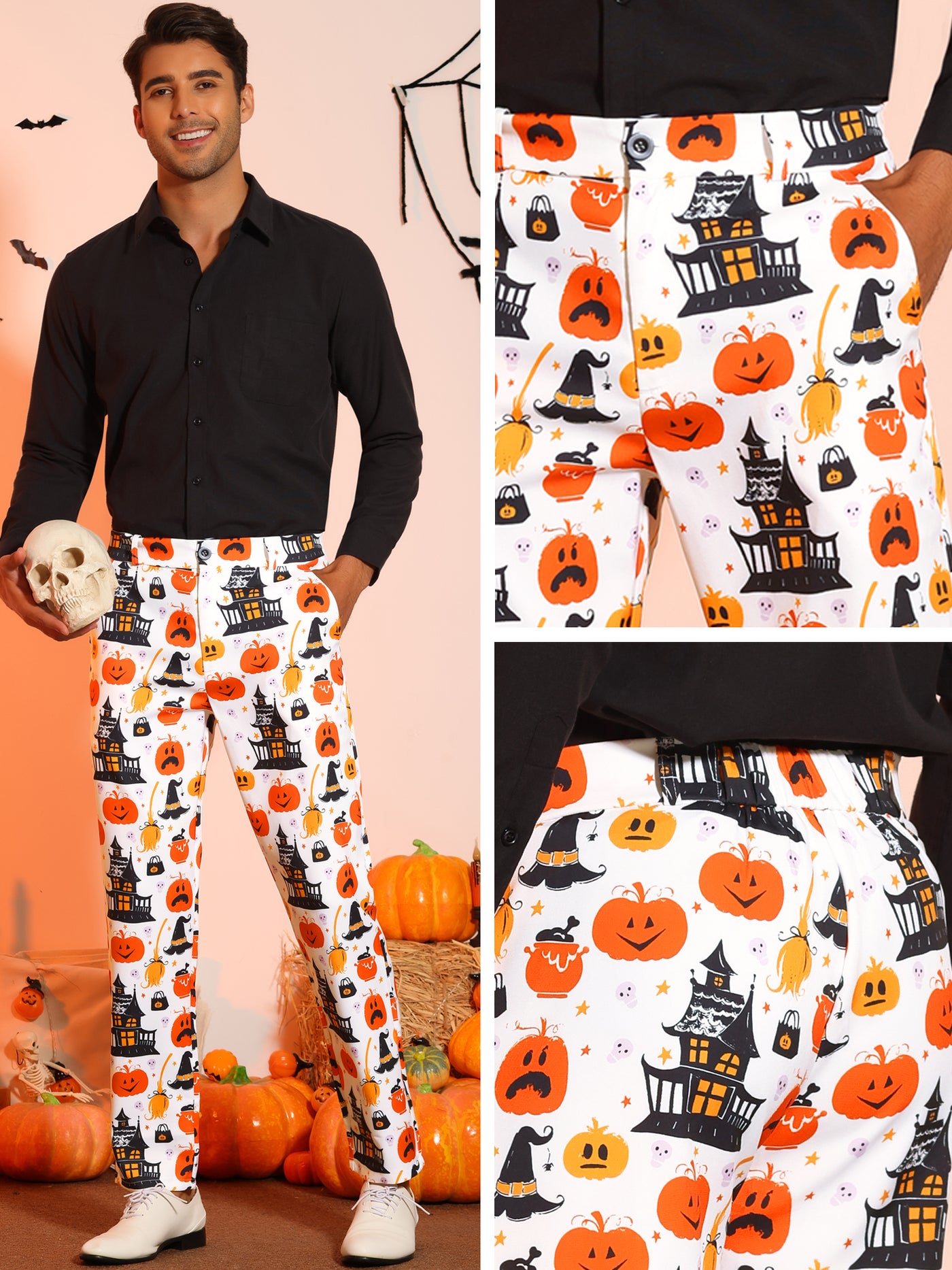 Bublédon Halloween Printed Pants for Men's Flat Front Cosplay Costume Funny Party Trousers