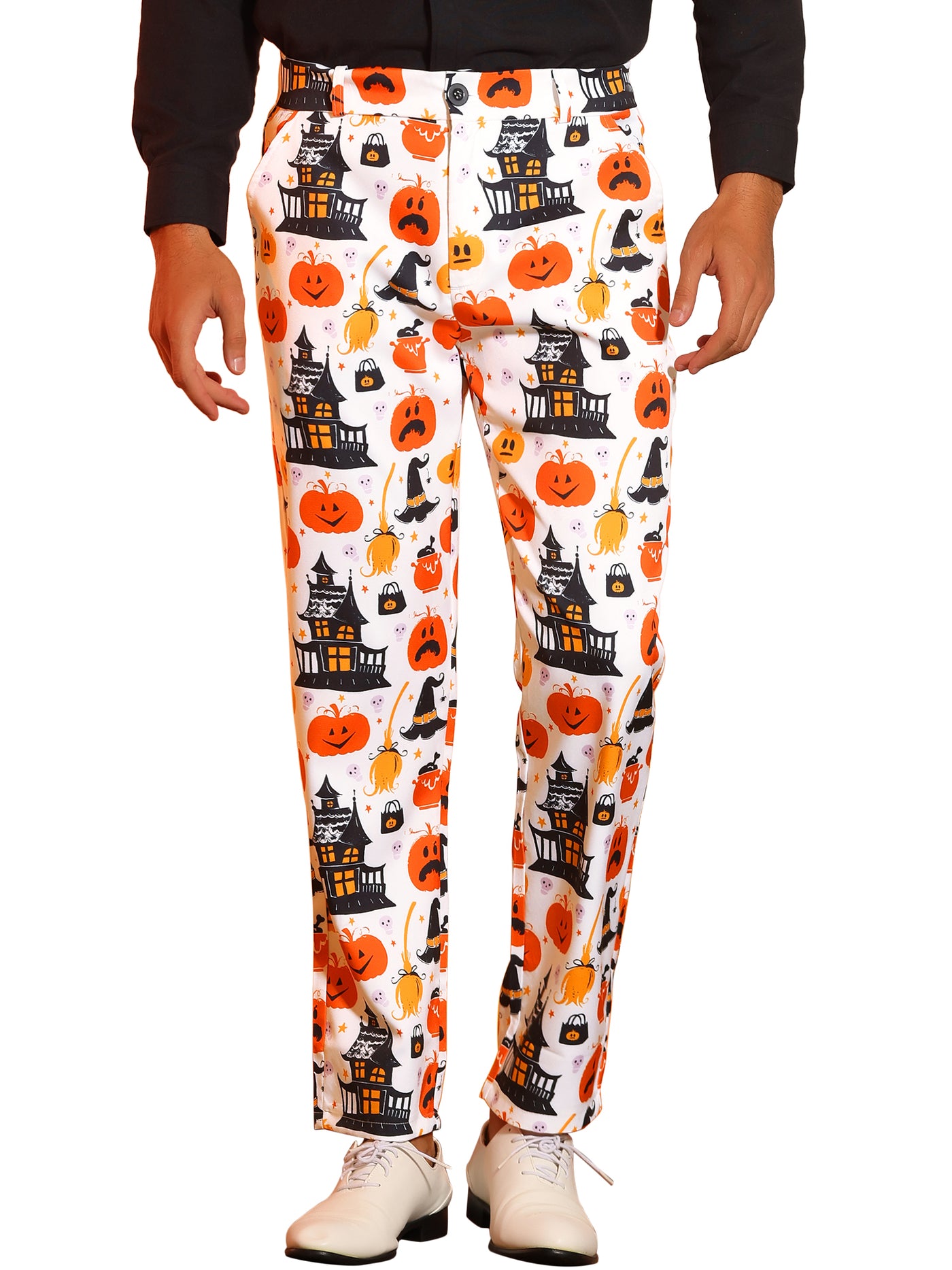 Bublédon Halloween Printed Pants for Men's Flat Front Cosplay Costume Funny Party Trousers