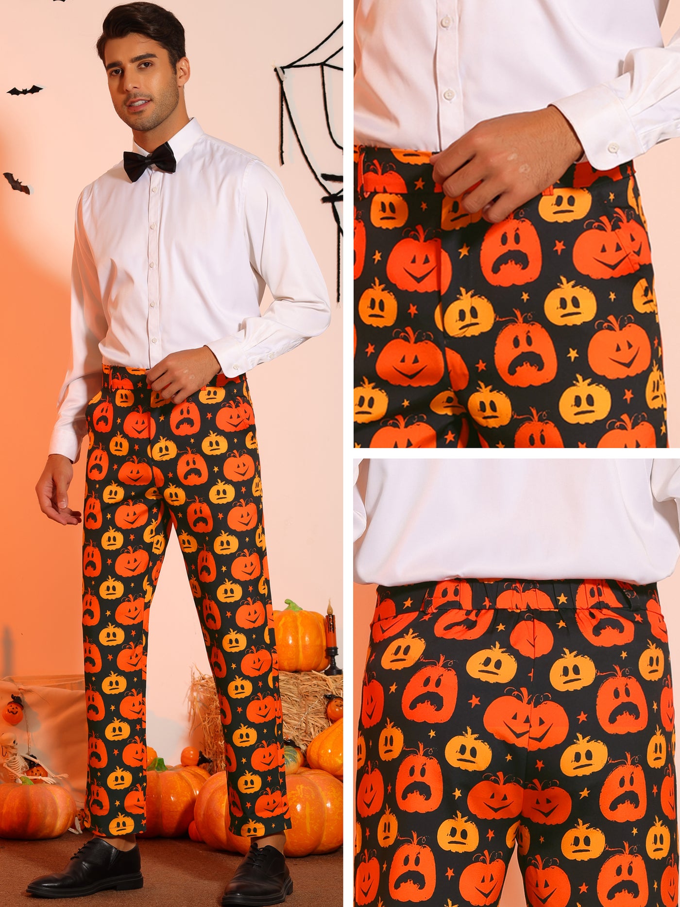 Bublédon Halloween Printed Pants for Men's Flat Front Cosplay Costume Funny Party Trousers