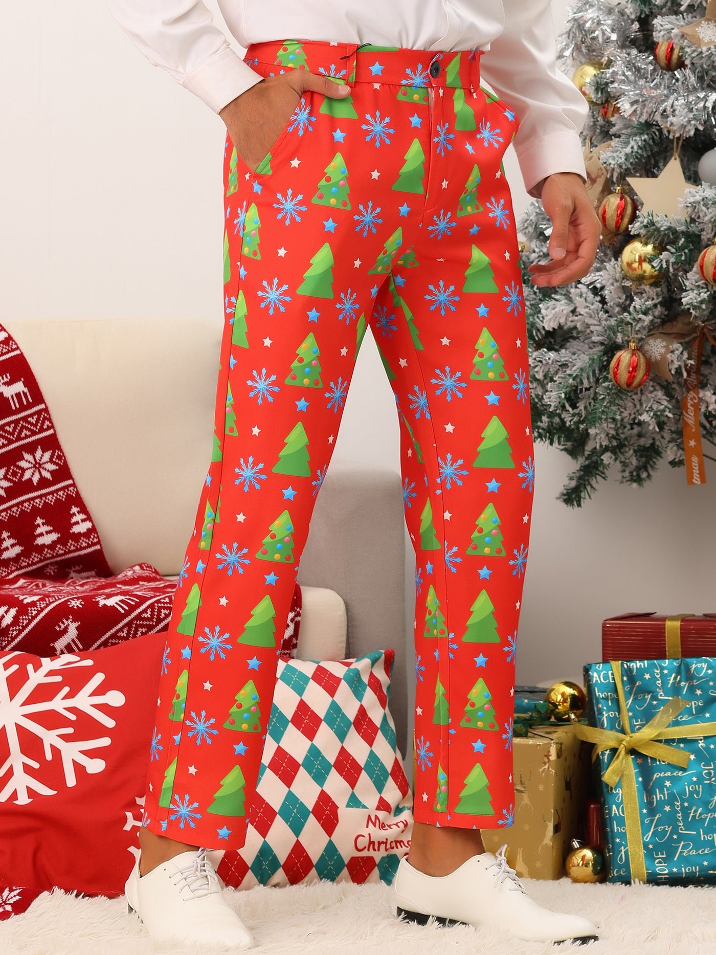 Bublédon Printed Pants for Men's Flat Front Funny Party Costume Christmas Trousers