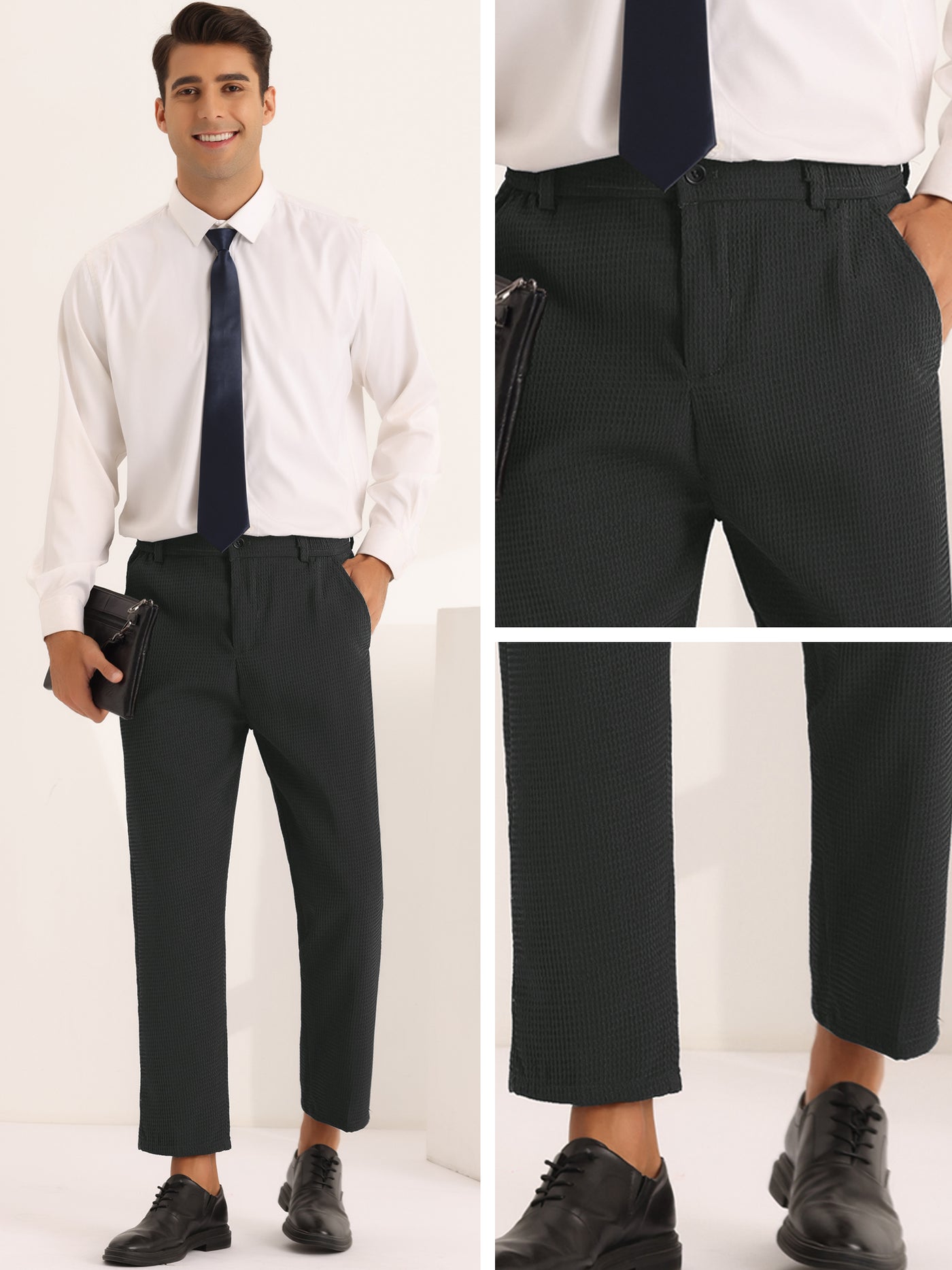 Bublédon Men's Solid Flat Front Waffle Ankle Length Dress Pants