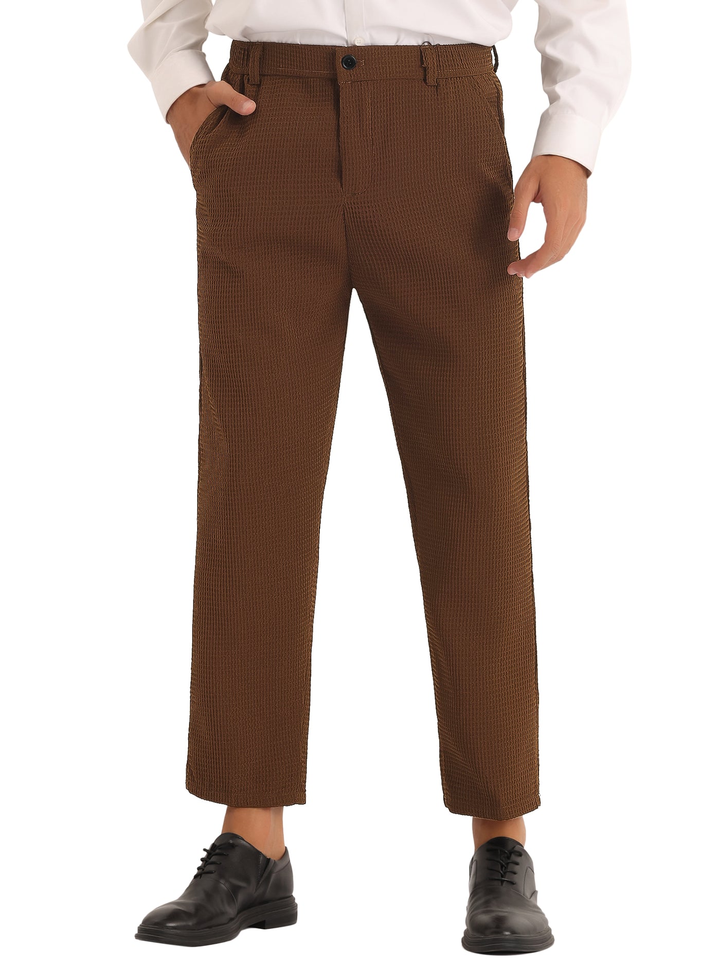 Bublédon Men's Solid Flat Front Waffle Ankle Length Dress Pants