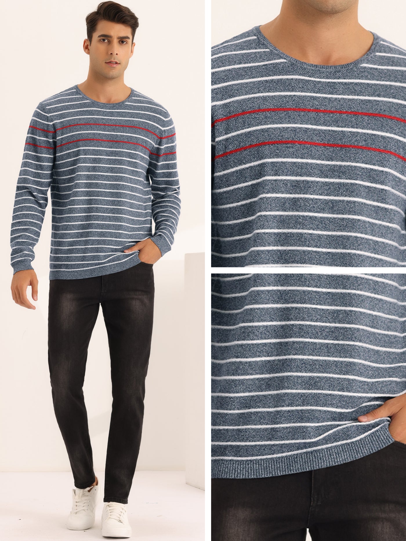 Bublédon Striped Sweaters for Men's Pullover Crew Neck Long Sleeves Knit Sweater