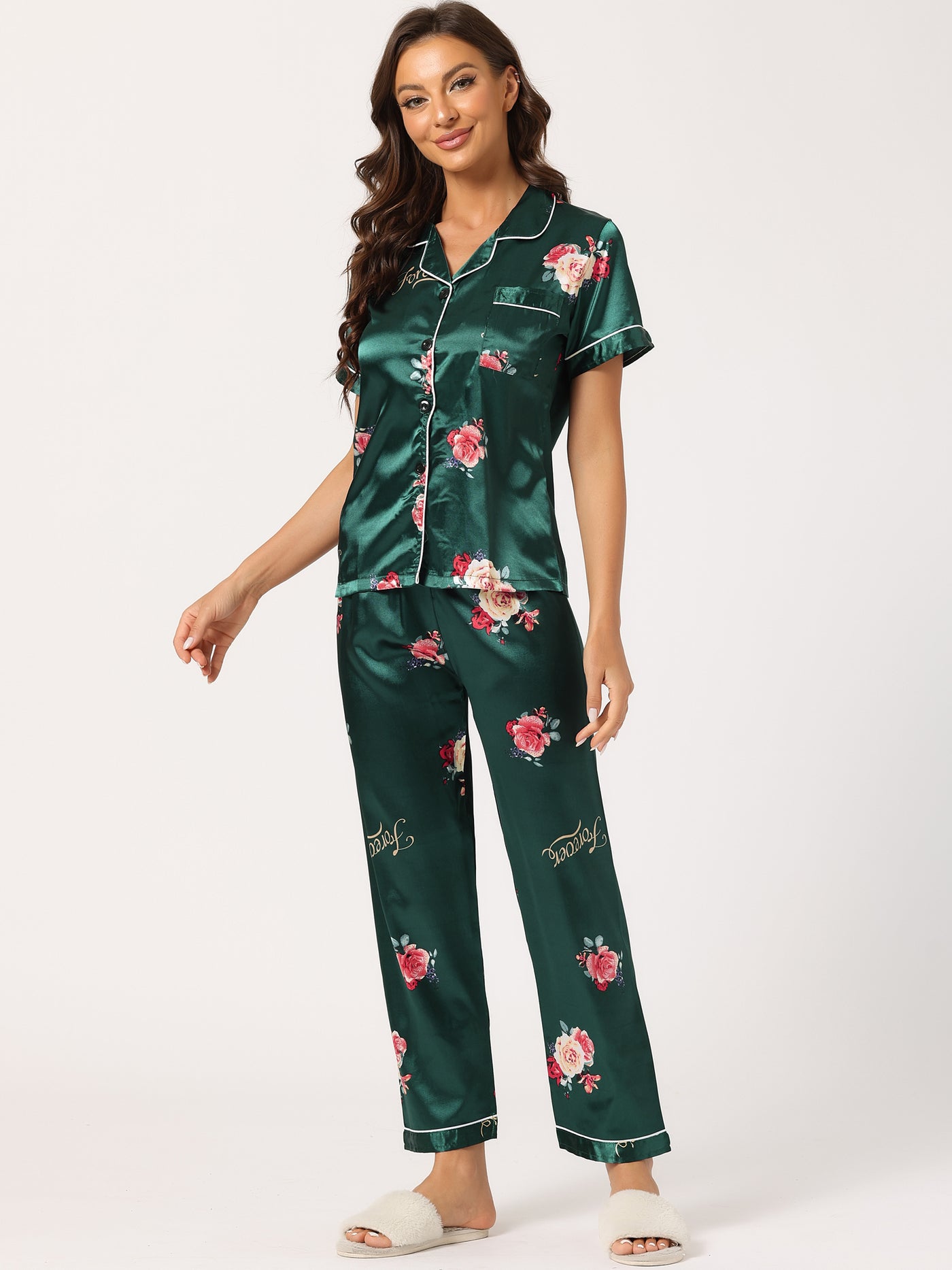 Bublédon Women's 2pcs Floral Button Down Pajama Set Nightwear Sleepwear