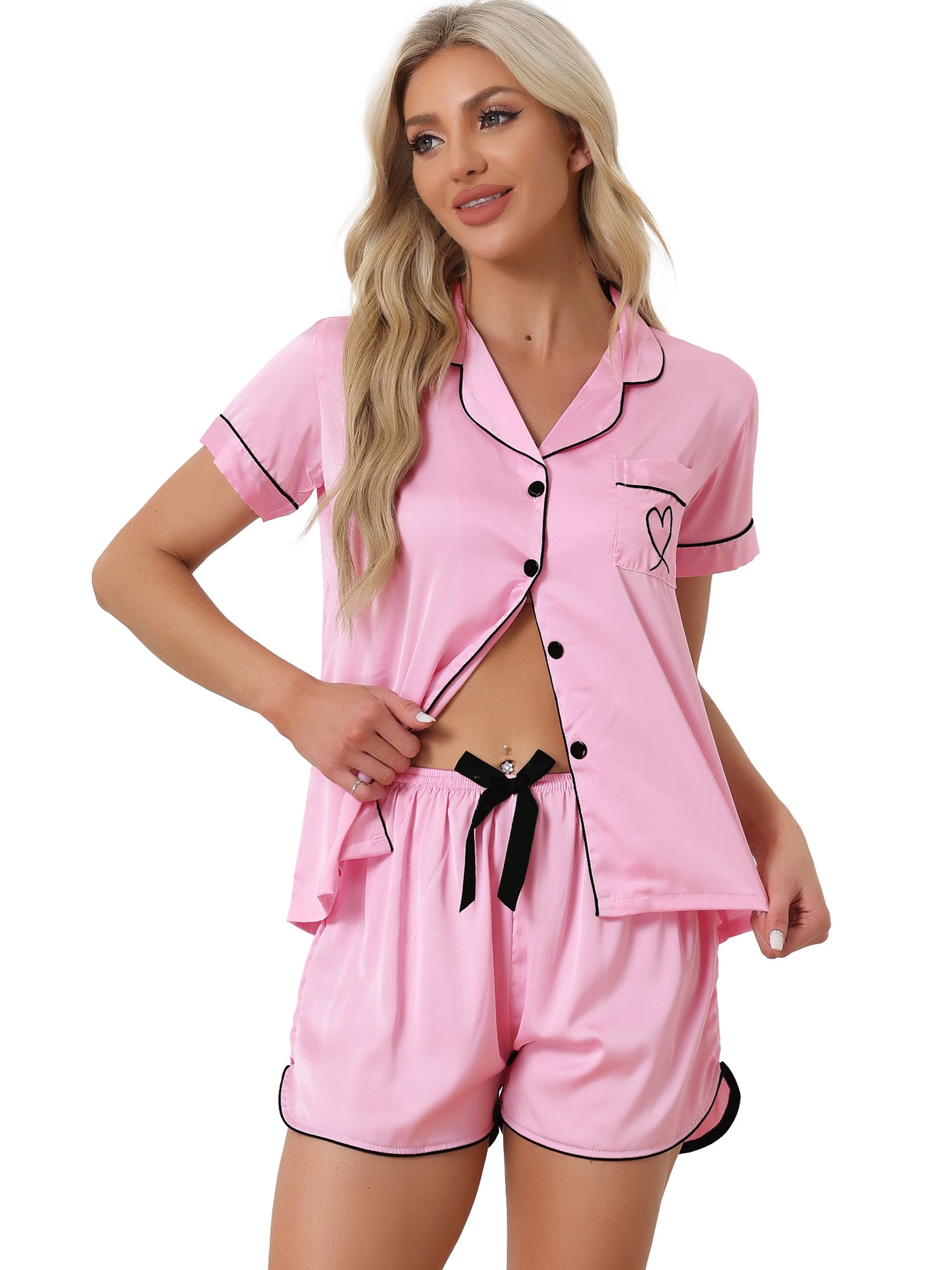 Bublédon Women's Pajama Loungewear Short Sleeves Button Down Satin Pj Sets