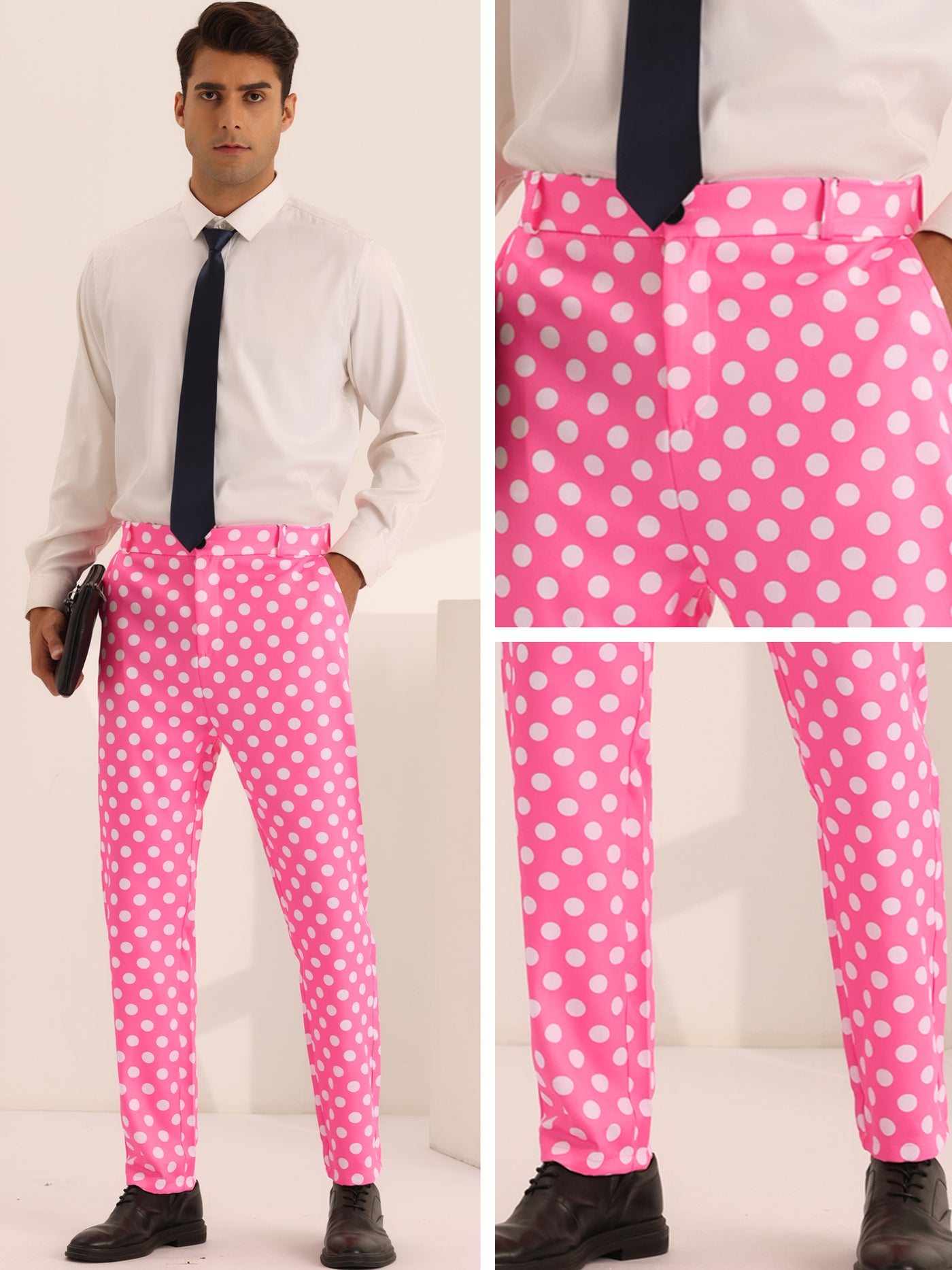 Bublédon Polka Dots Dress Pants for Men's Big and Tall Flat Front Formal Printed Trousers