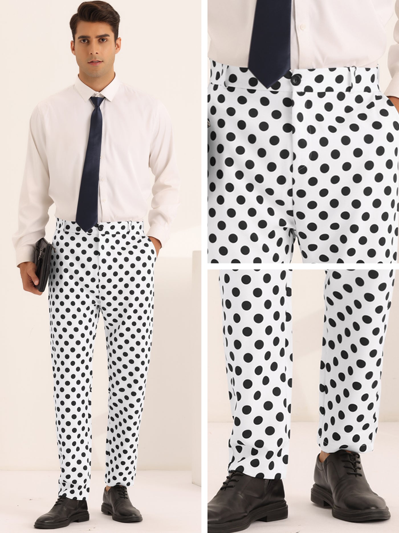 Bublédon Polka Dots Dress Pants for Men's Big and Tall Flat Front Formal Printed Trousers