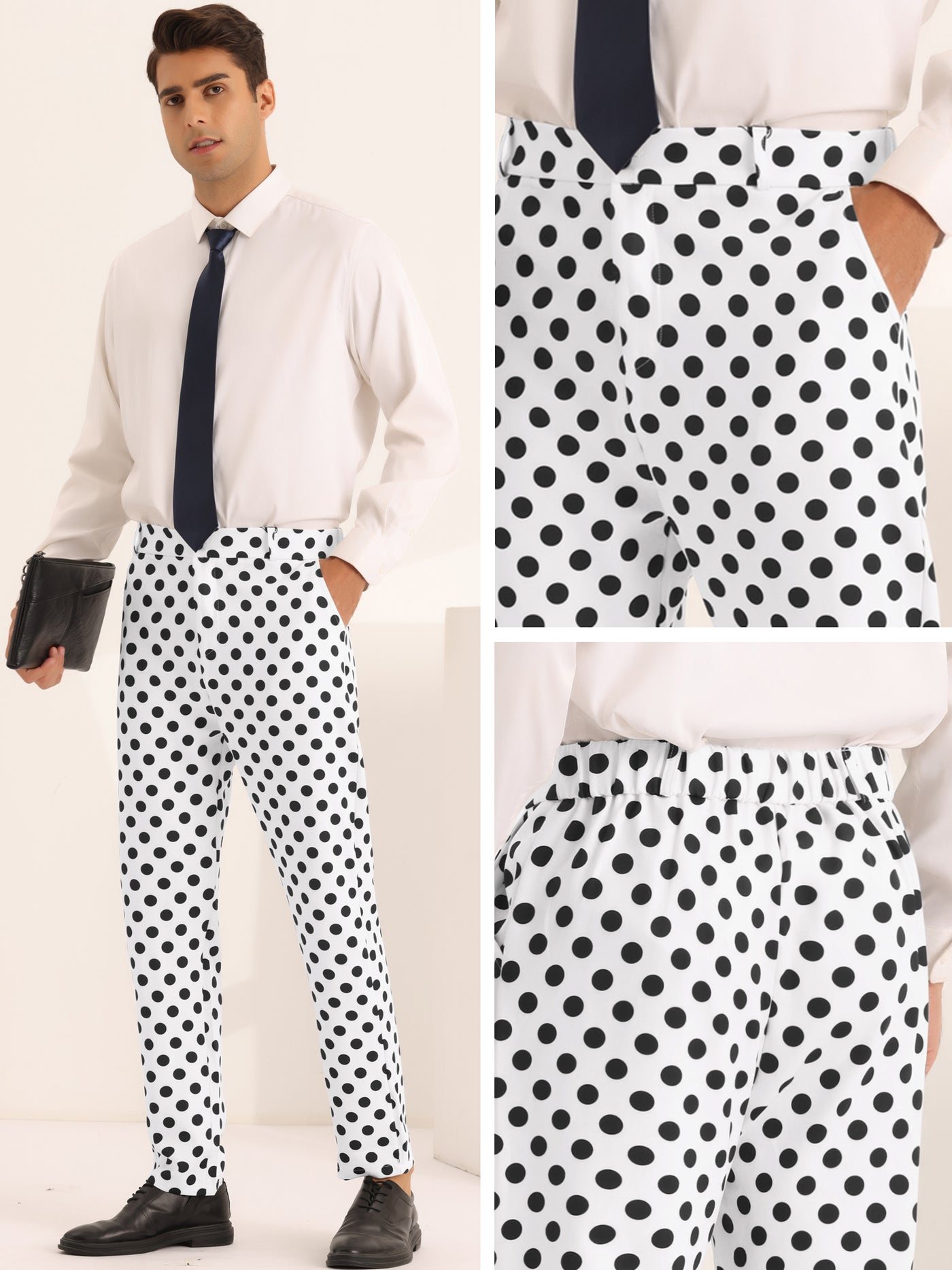 Bublédon Polka Dots Dress Pants for Men's Big and Tall Flat Front Formal Printed Trousers