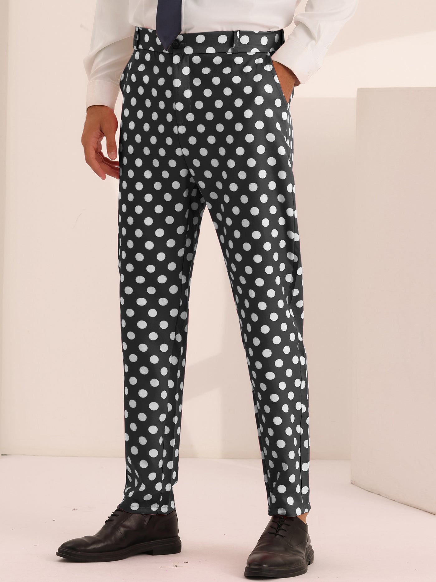 Bublédon Polka Dots Dress Pants for Men's Big and Tall Flat Front Formal Printed Trousers