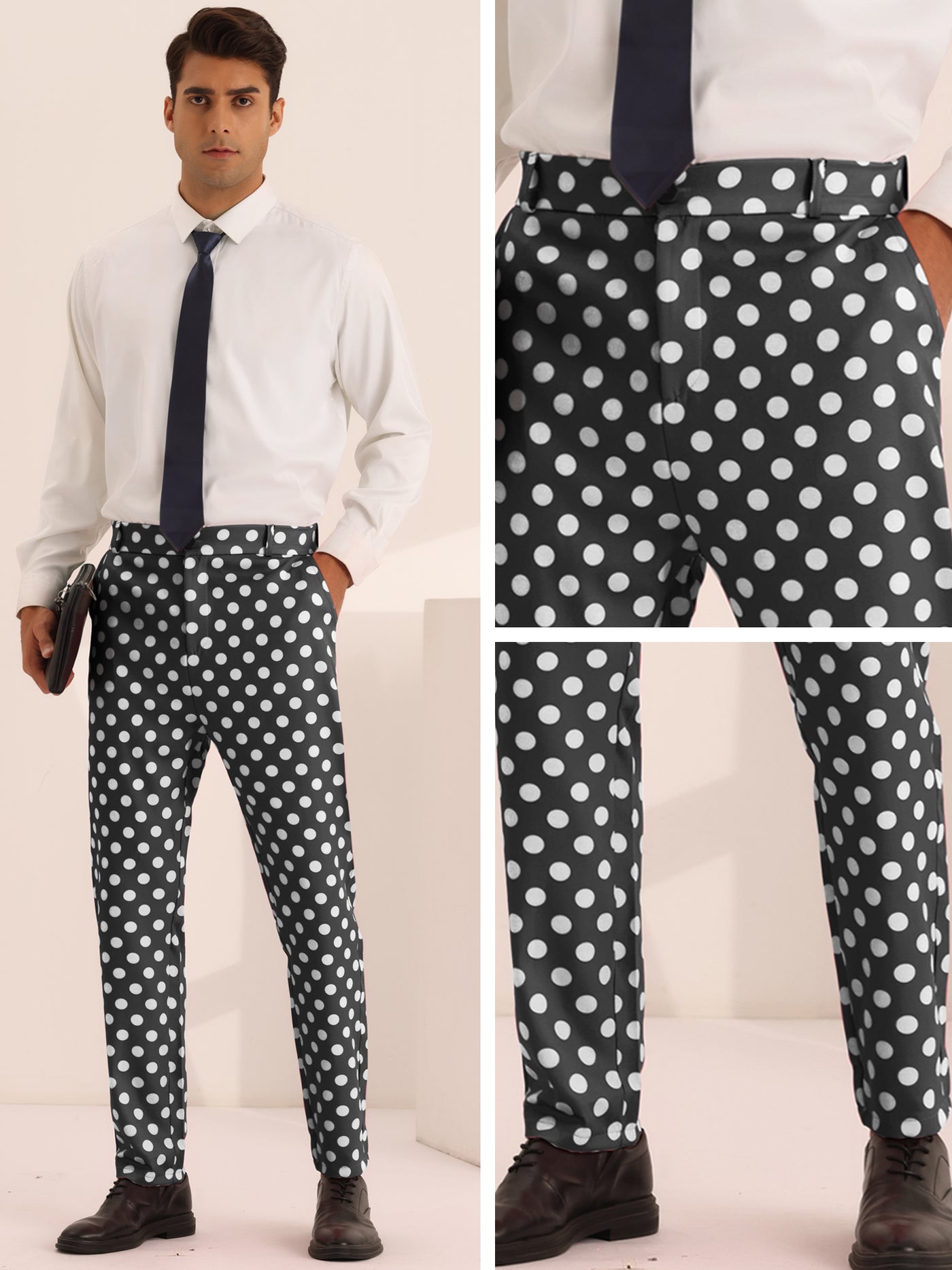 Bublédon Polka Dots Dress Pants for Men's Big and Tall Flat Front Formal Printed Trousers