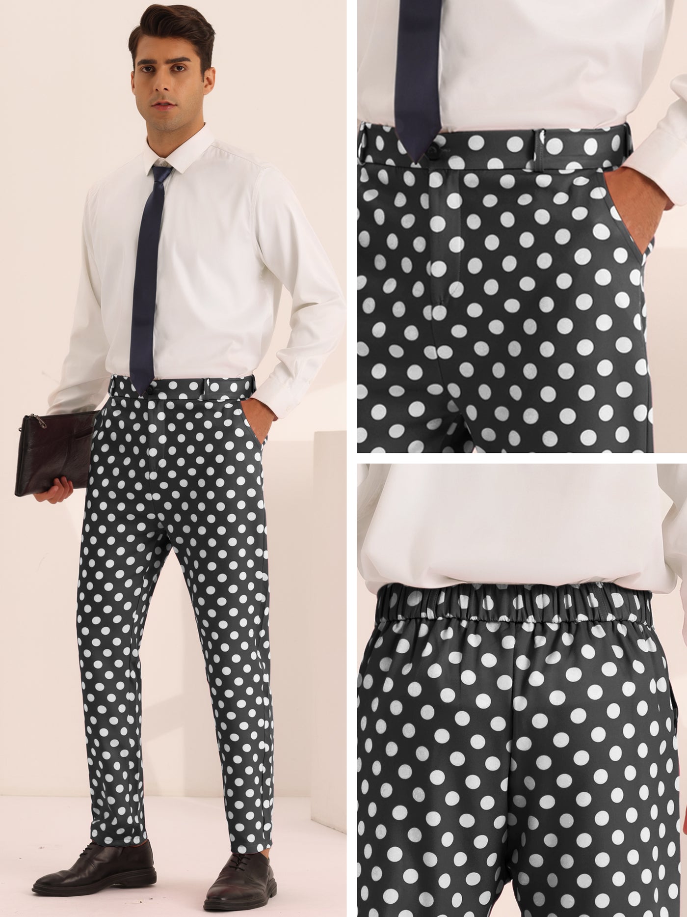 Bublédon Polka Dots Dress Pants for Men's Big and Tall Flat Front Formal Printed Trousers