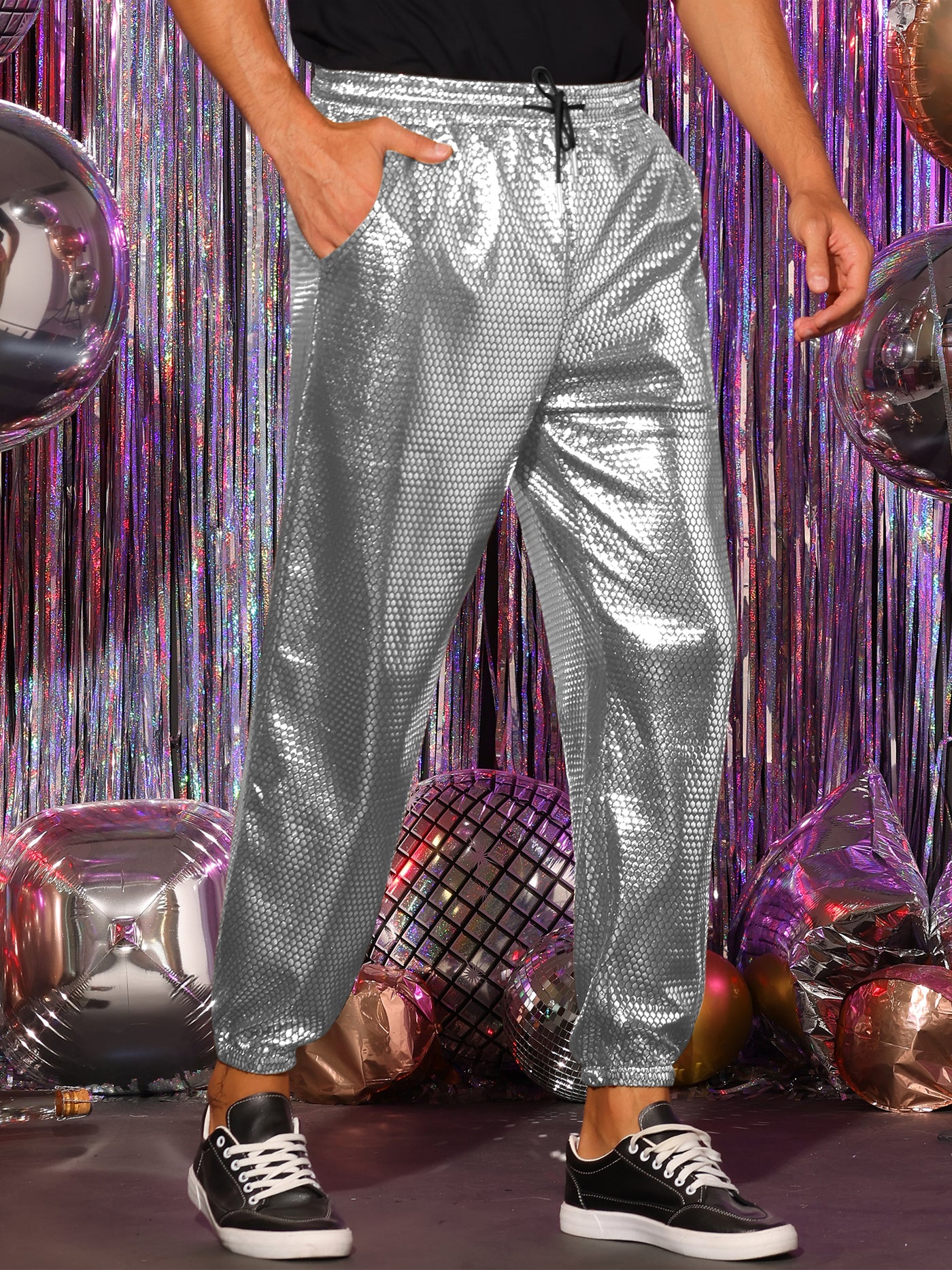 Bublédon Metallic Joggers for Men's Drawstring Waist Party Club Shiny Disco Pants