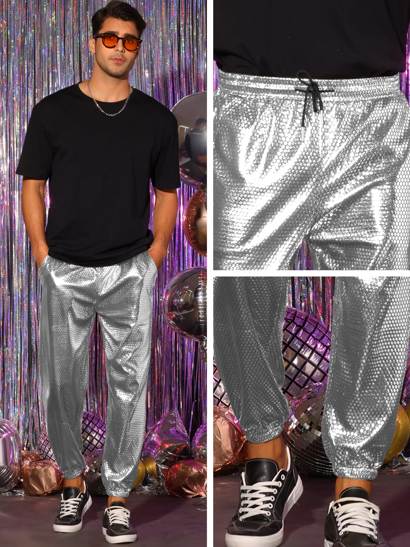 Bublédon Metallic Joggers for Men's Drawstring Waist Party Club Shiny Disco Pants