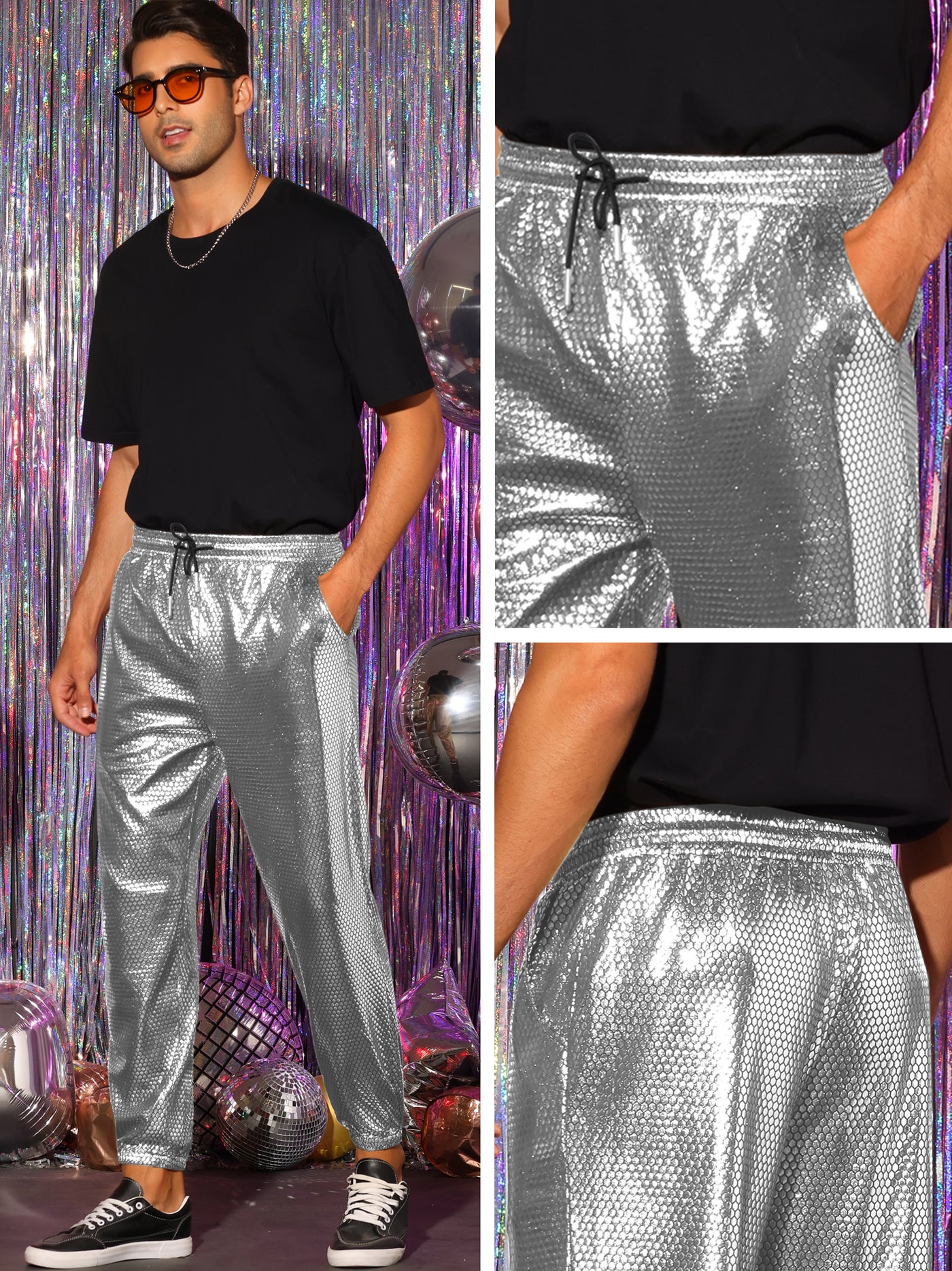 Bublédon Metallic Joggers for Men's Drawstring Waist Party Club Shiny Disco Pants