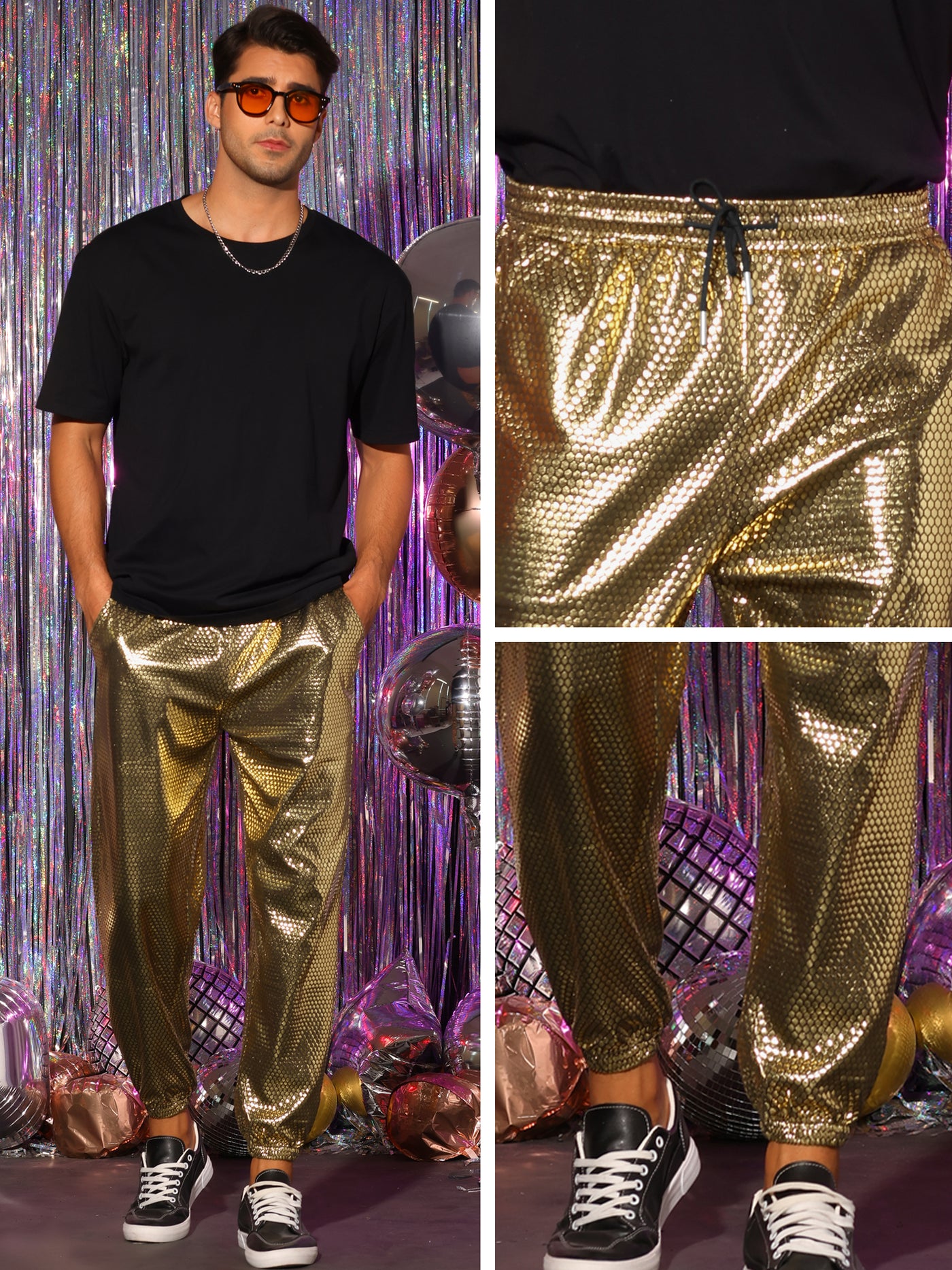 Bublédon Metallic Joggers for Men's Drawstring Waist Party Club Shiny Disco Pants