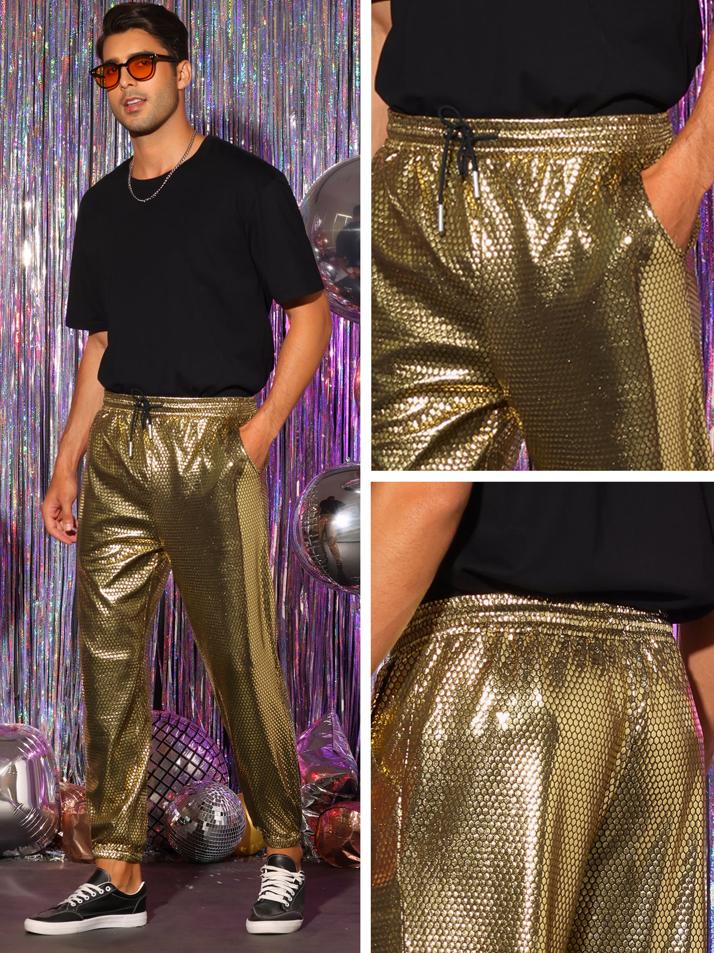 Bublédon Metallic Joggers for Men's Drawstring Waist Party Club Shiny Disco Pants