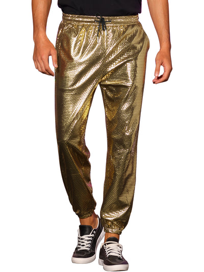 Bublédon Metallic Joggers for Men's Drawstring Waist Party Club Shiny Disco Pants