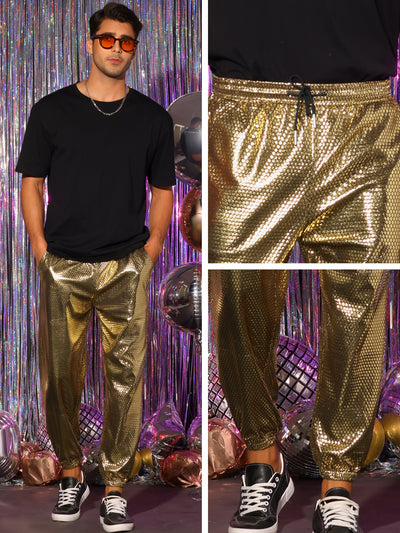 Metallic Joggers for Men's Drawstring Waist Party Club Shiny Disco Pants