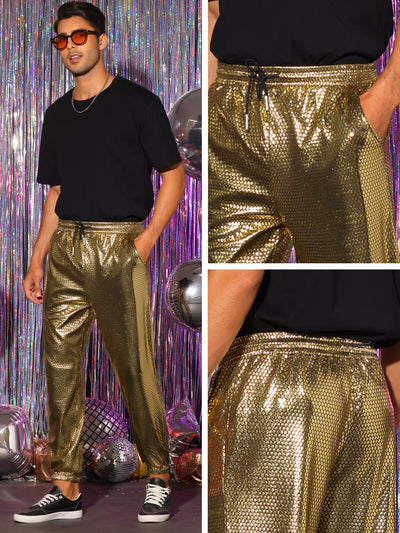 Metallic Joggers for Men's Drawstring Waist Party Club Shiny Disco Pants