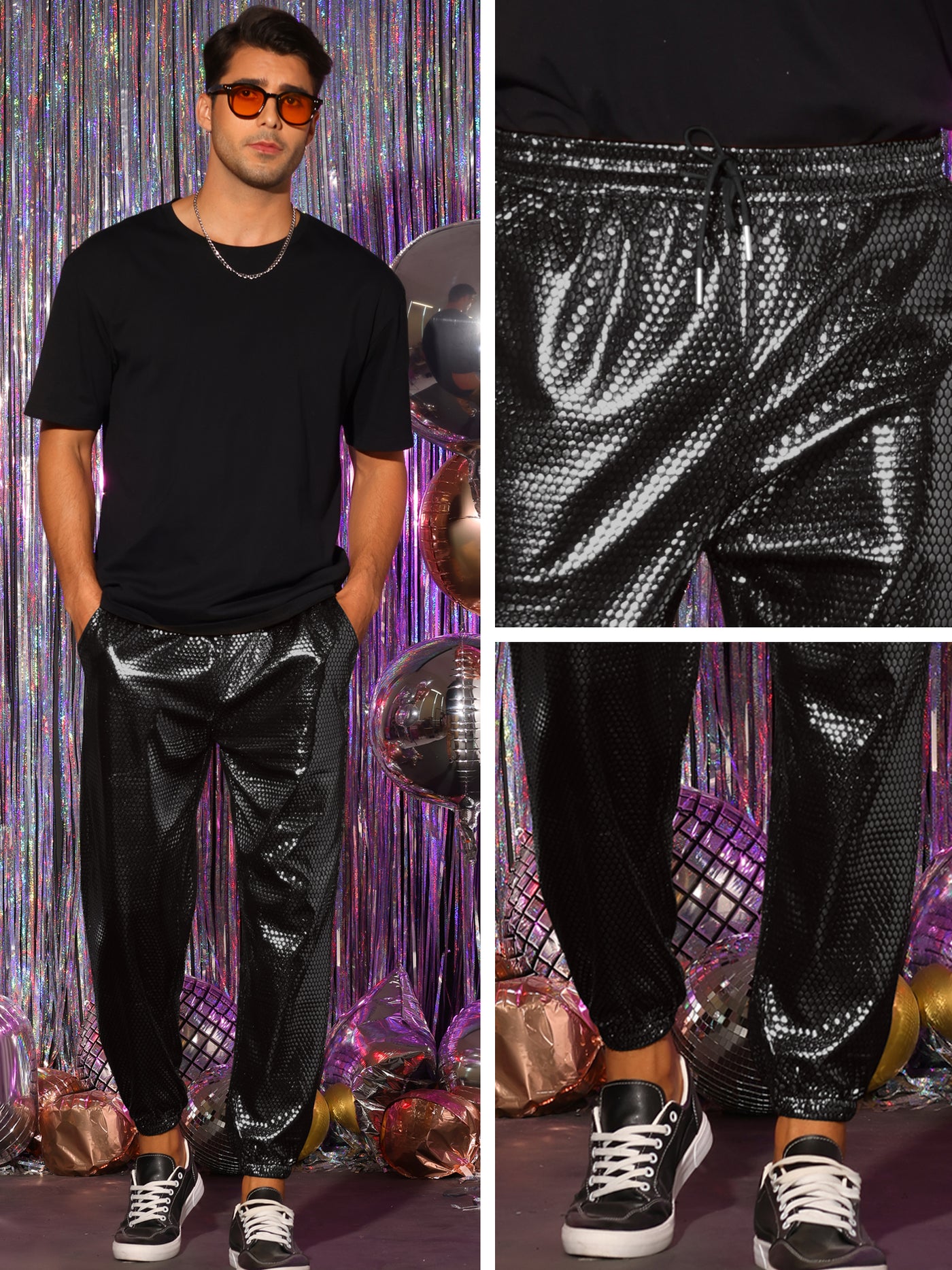 Bublédon Metallic Joggers for Men's Drawstring Waist Party Club Shiny Disco Pants