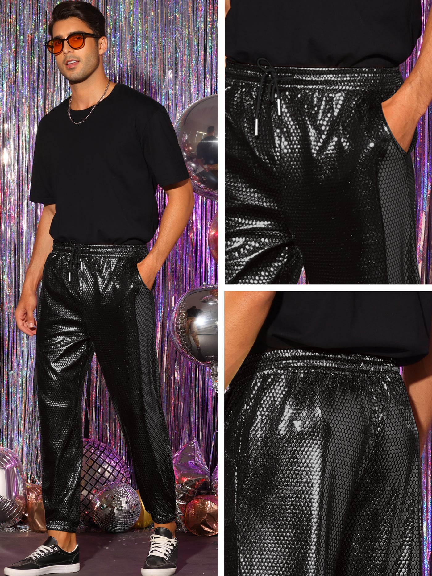 Bublédon Metallic Joggers for Men's Drawstring Waist Party Club Shiny Disco Pants