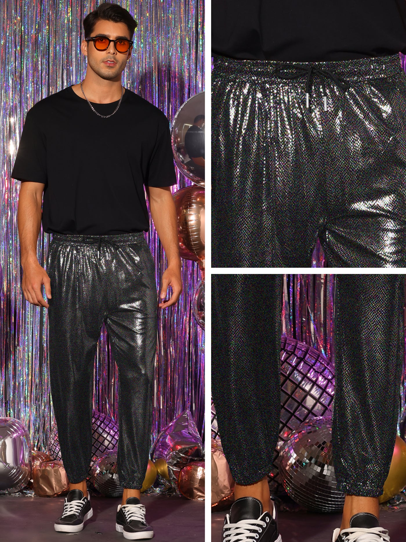 Bublédon Shiny Pants for Men's Drawstring Waist Sparkly Disco Costume Metallic Joggers