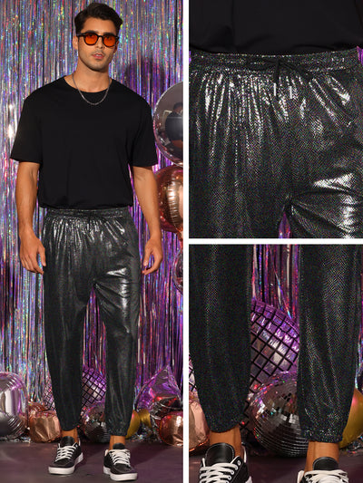 Shiny Pants for Men's Drawstring Waist Sparkly Disco Costume Metallic Joggers