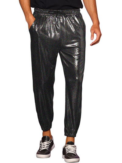 Shiny Pants for Men's Drawstring Waist Sparkly Disco Costume Metallic Joggers