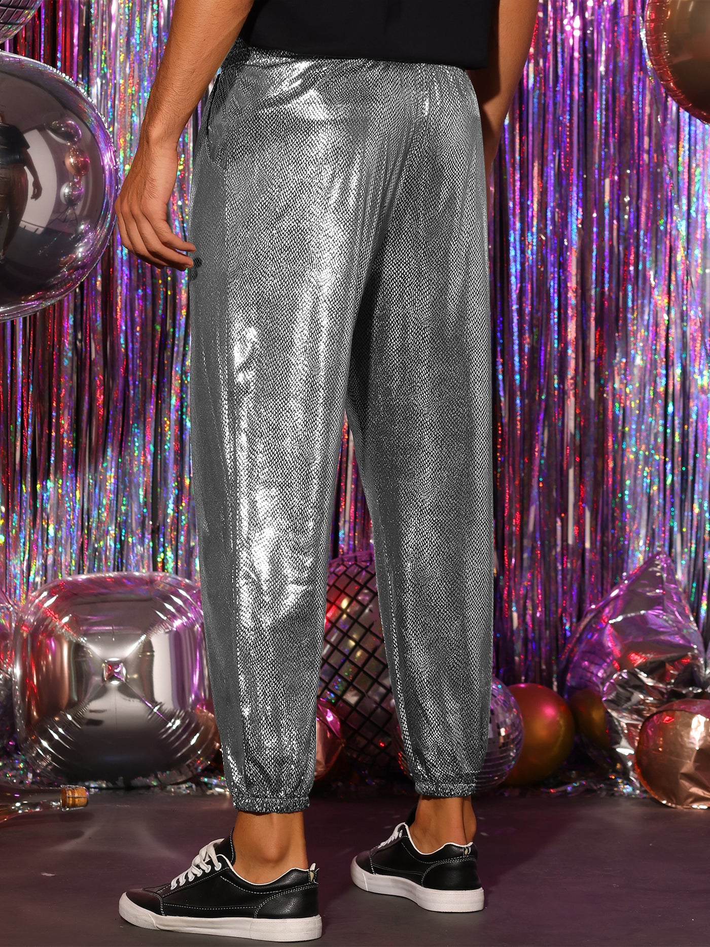 Bublédon Shiny Pants for Men's Drawstring Waist Sparkly Disco Costume Metallic Joggers