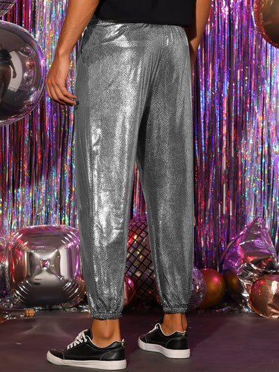 Shiny Pants for Men's Drawstring Waist Sparkly Disco Costume Metallic Joggers