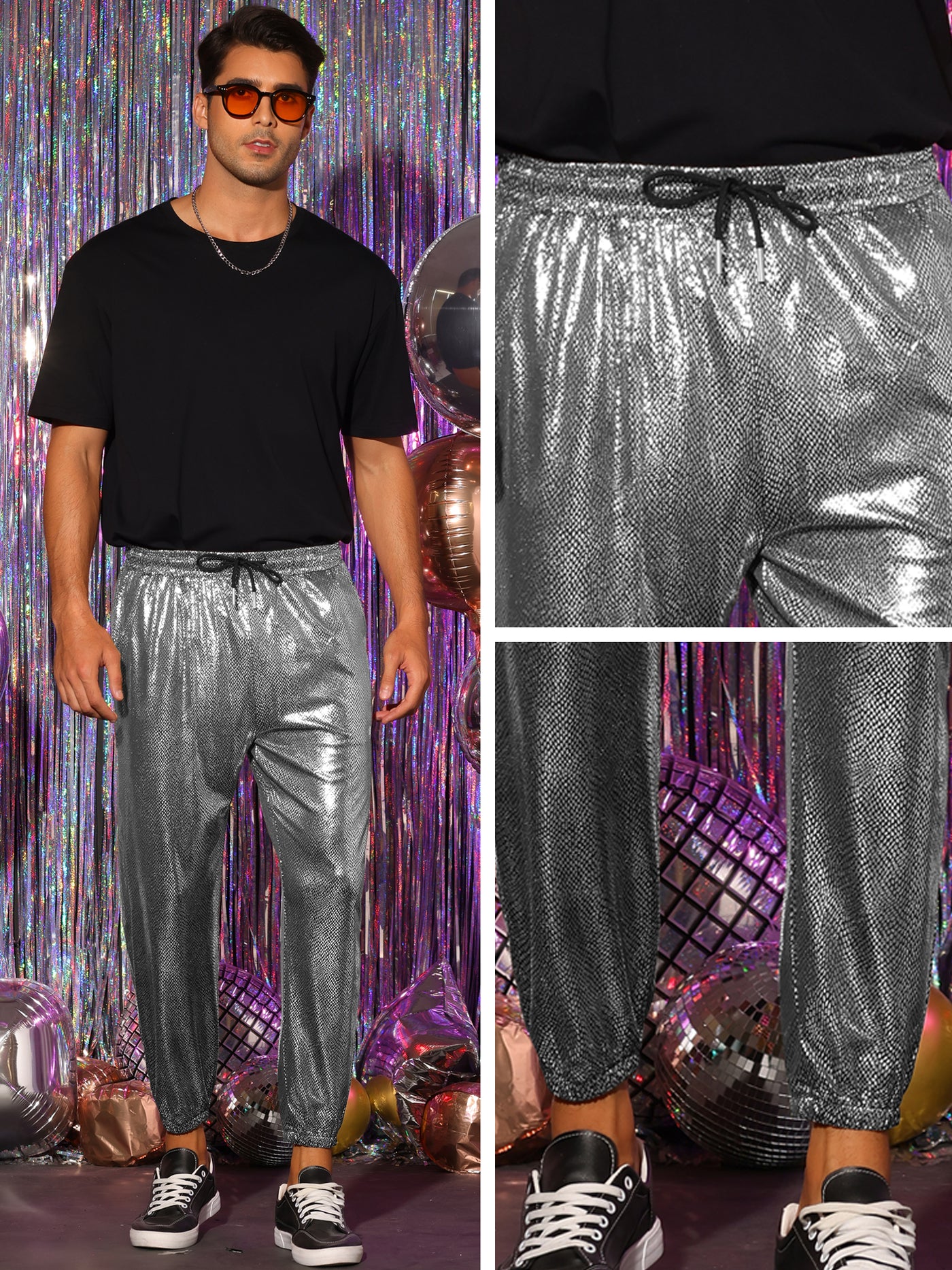 Bublédon Shiny Pants for Men's Drawstring Waist Sparkly Disco Costume Metallic Joggers