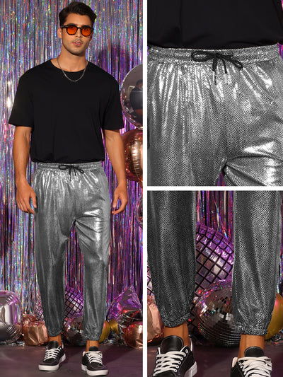 Shiny Pants for Men's Drawstring Waist Sparkly Disco Costume Metallic Joggers