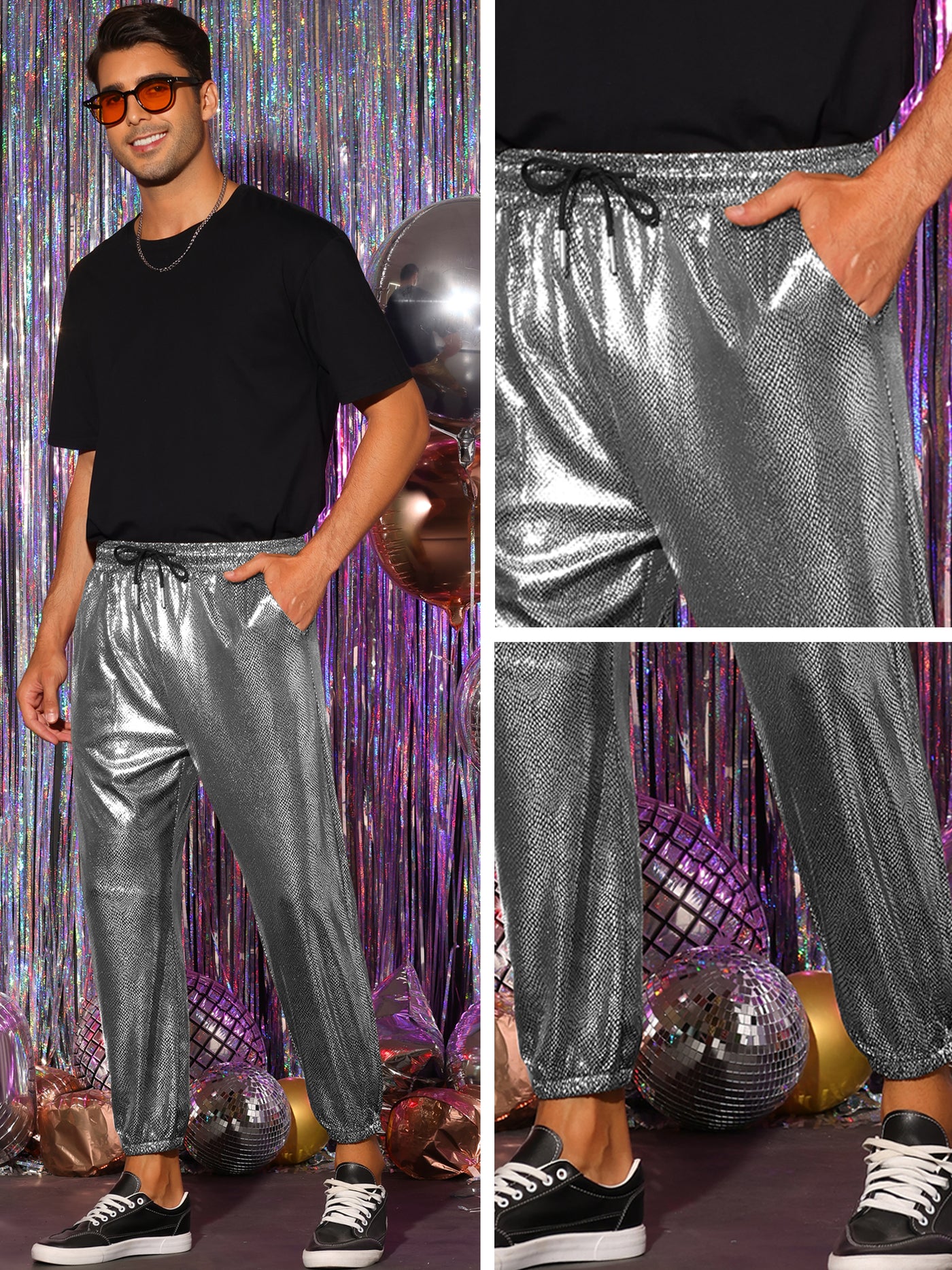 Bublédon Shiny Pants for Men's Drawstring Waist Sparkly Disco Costume Metallic Joggers