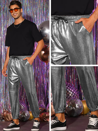 Shiny Pants for Men's Drawstring Waist Sparkly Disco Costume Metallic Joggers