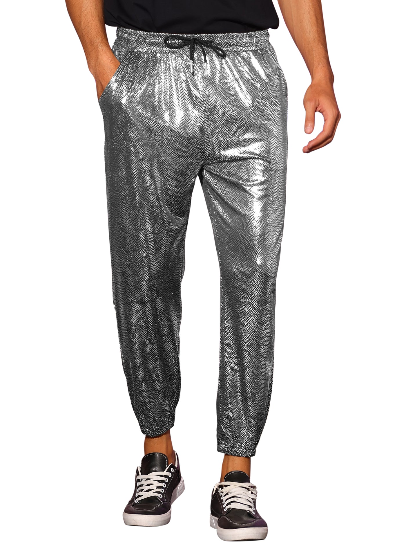 Bublédon Shiny Pants for Men's Drawstring Waist Sparkly Disco Costume Metallic Joggers