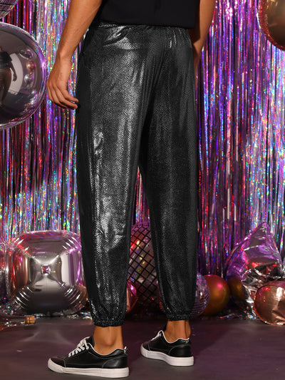 Shiny Pants for Men's Drawstring Waist Sparkly Disco Costume Metallic Joggers