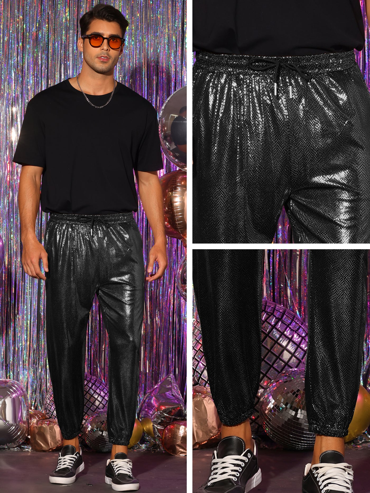 Bublédon Shiny Pants for Men's Drawstring Waist Sparkly Disco Costume Metallic Joggers