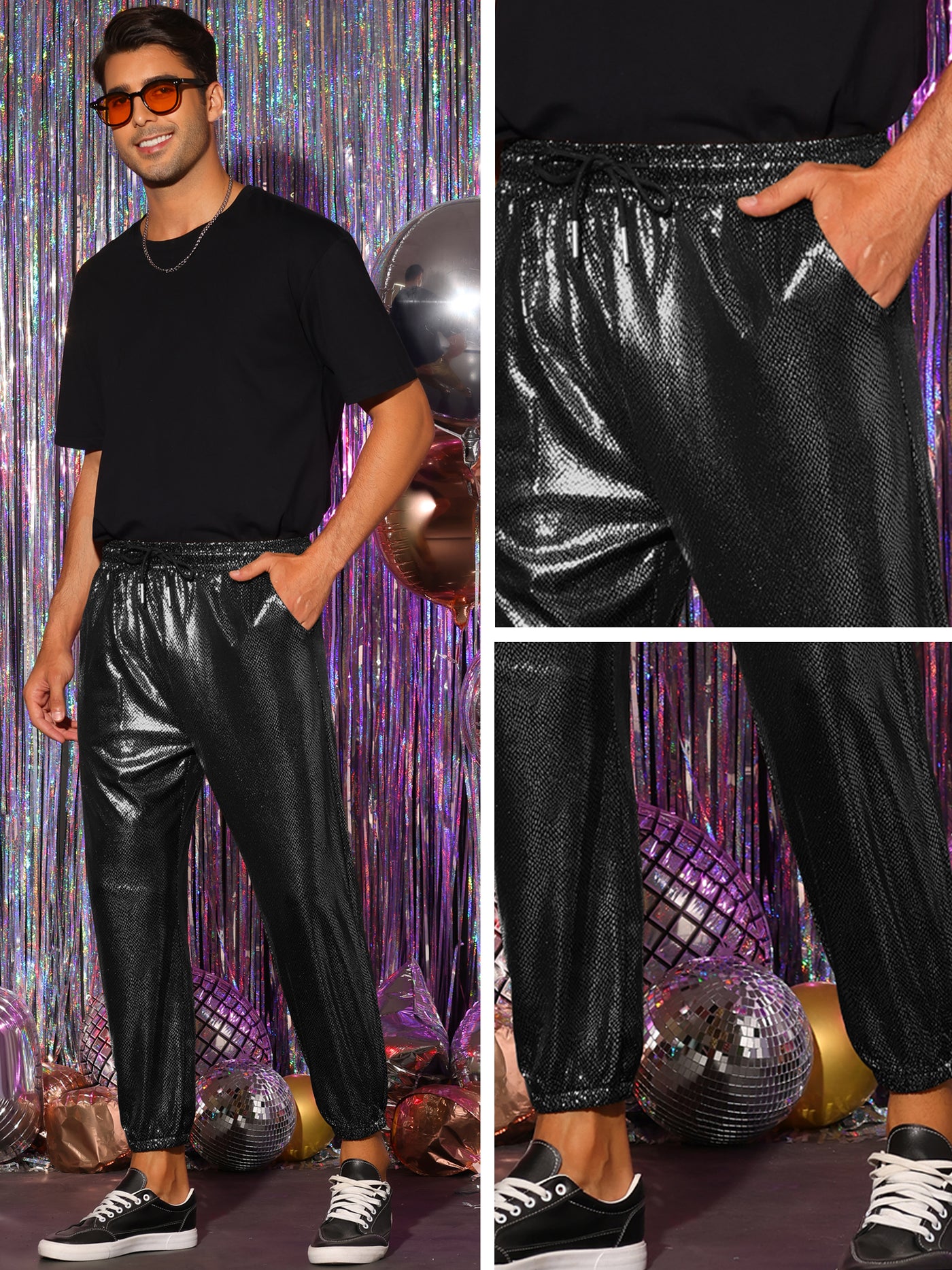 Bublédon Shiny Pants for Men's Drawstring Waist Sparkly Disco Costume Metallic Joggers