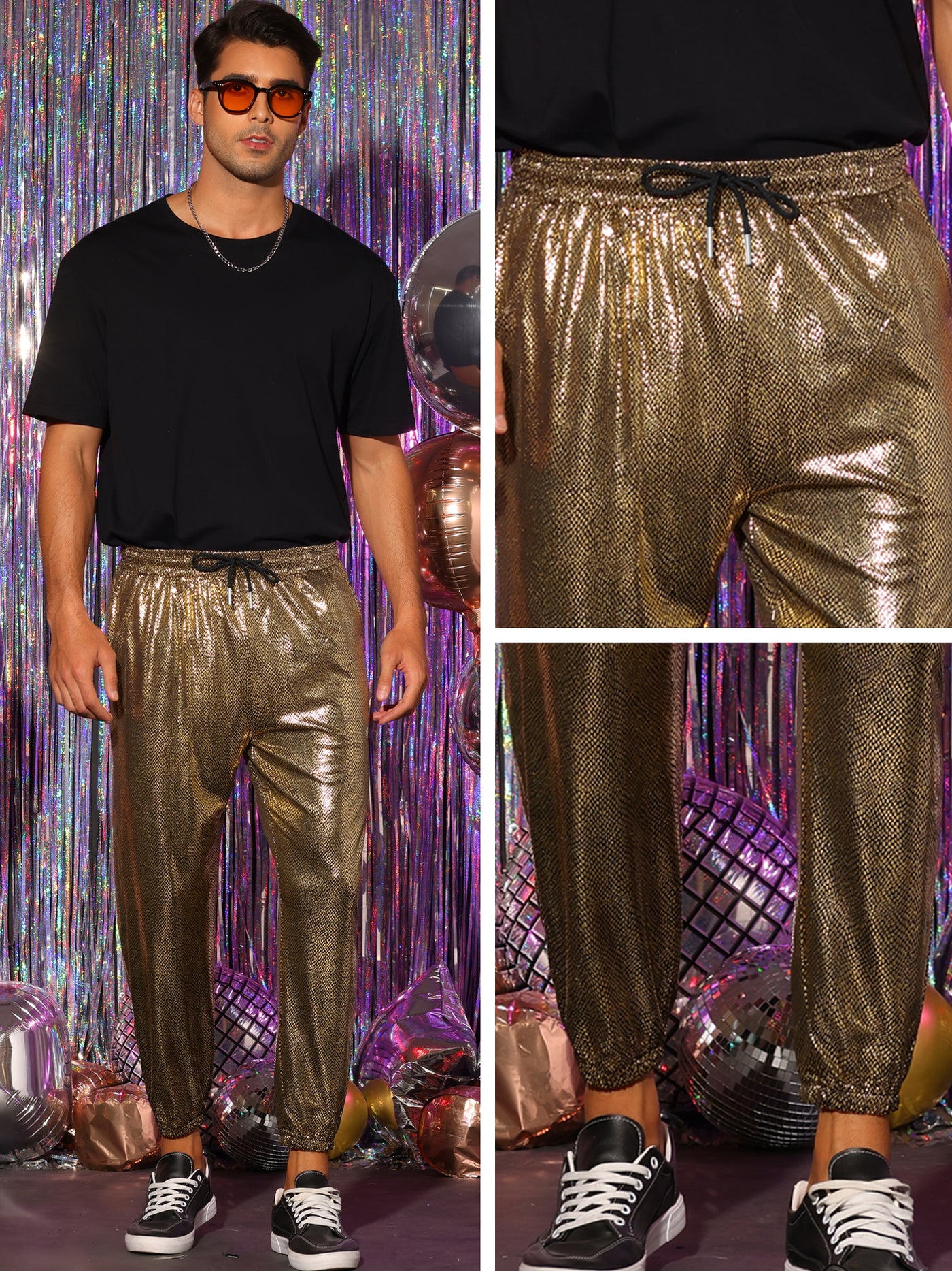 Bublédon Shiny Pants for Men's Drawstring Waist Sparkly Disco Costume Metallic Joggers