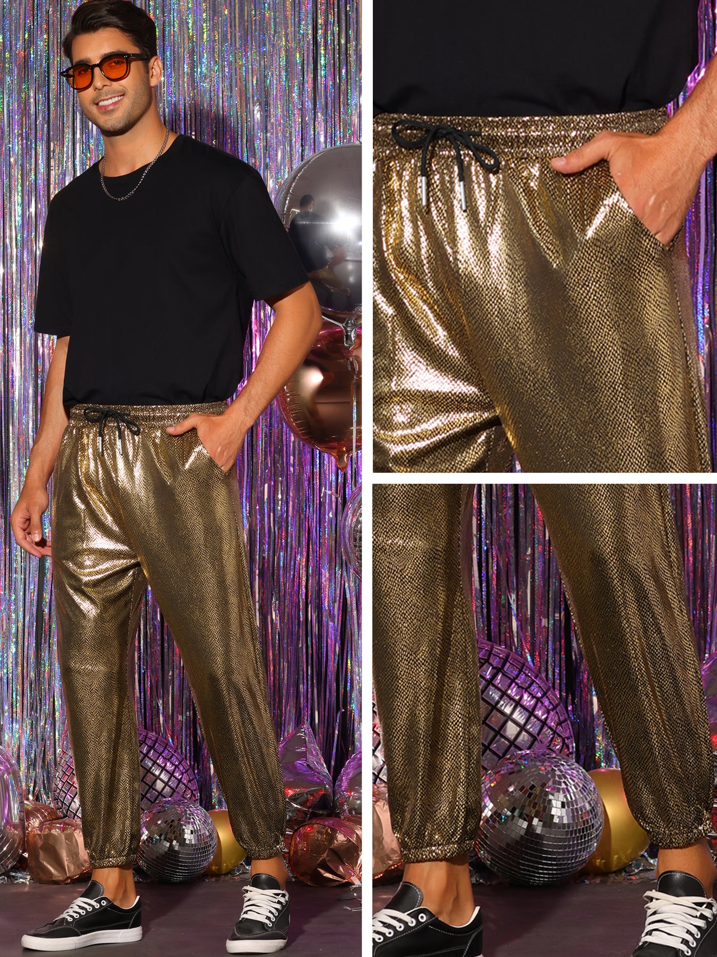 Bublédon Shiny Pants for Men's Drawstring Waist Sparkly Disco Costume Metallic Joggers