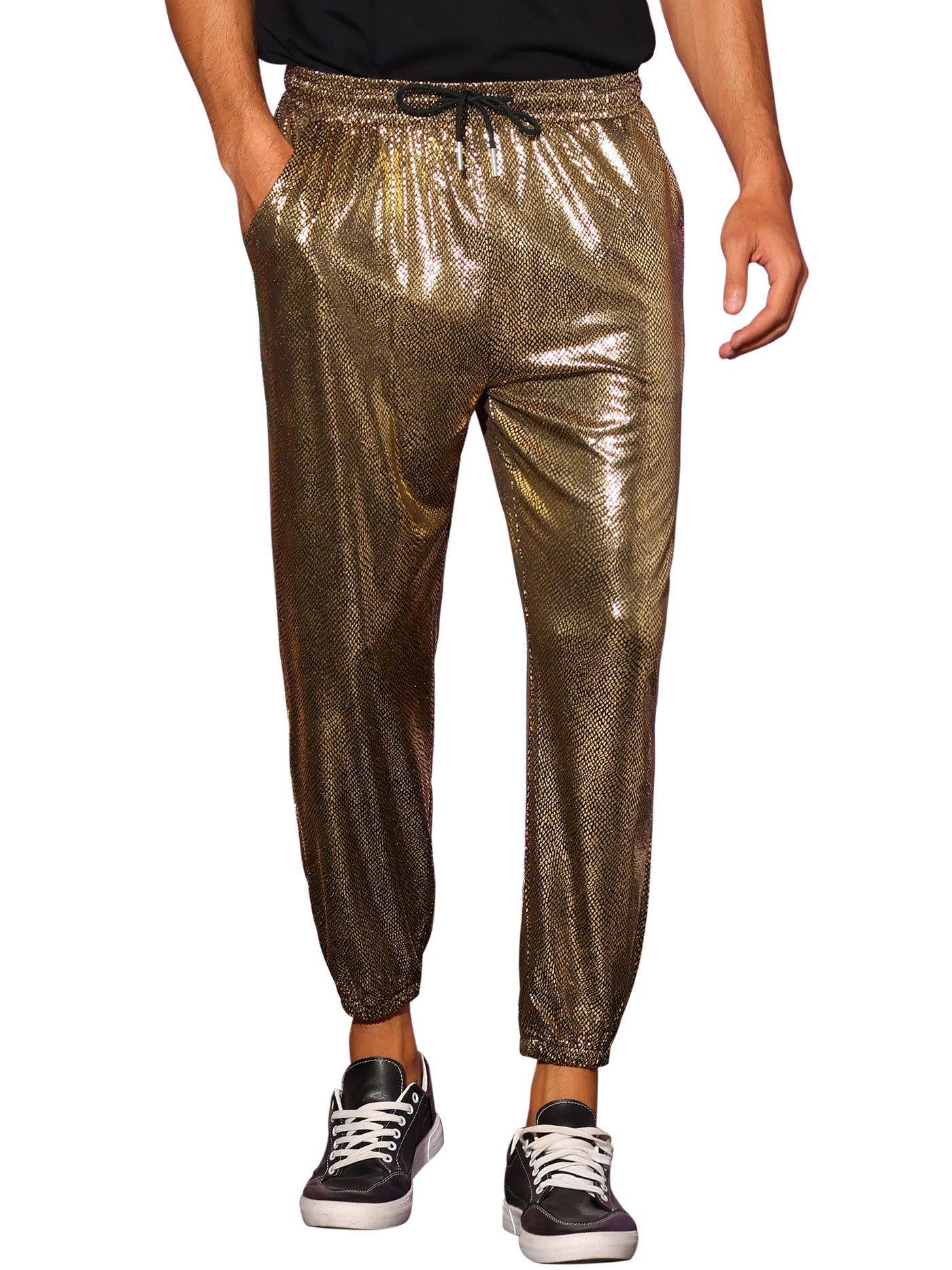 Bublédon Shiny Pants for Men's Drawstring Waist Sparkly Disco Costume Metallic Joggers