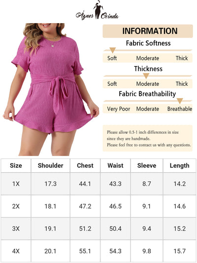 Plus Size Summer Short Sleeve Cute Front Tie Beach Rompers