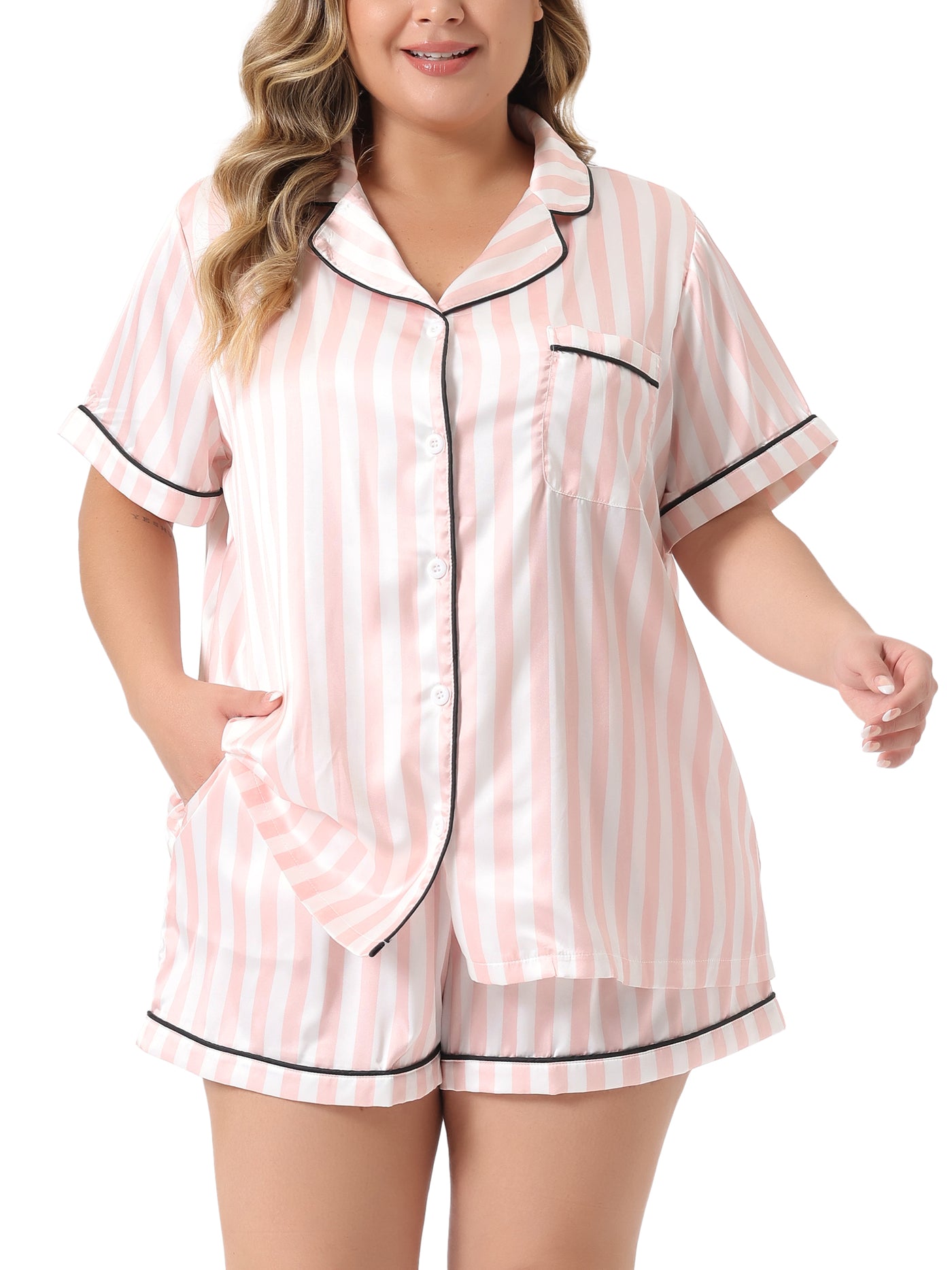 Bublédon Plus Size Pajamas Set for Women Single Breasted Stars Short Sleeve Sleepwear