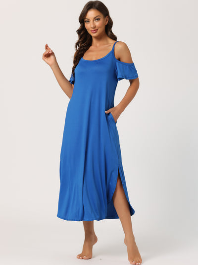 Women's Cold Shoulder Loose Maternity Nightgown Short Sleeve Maxi Lounge Dress