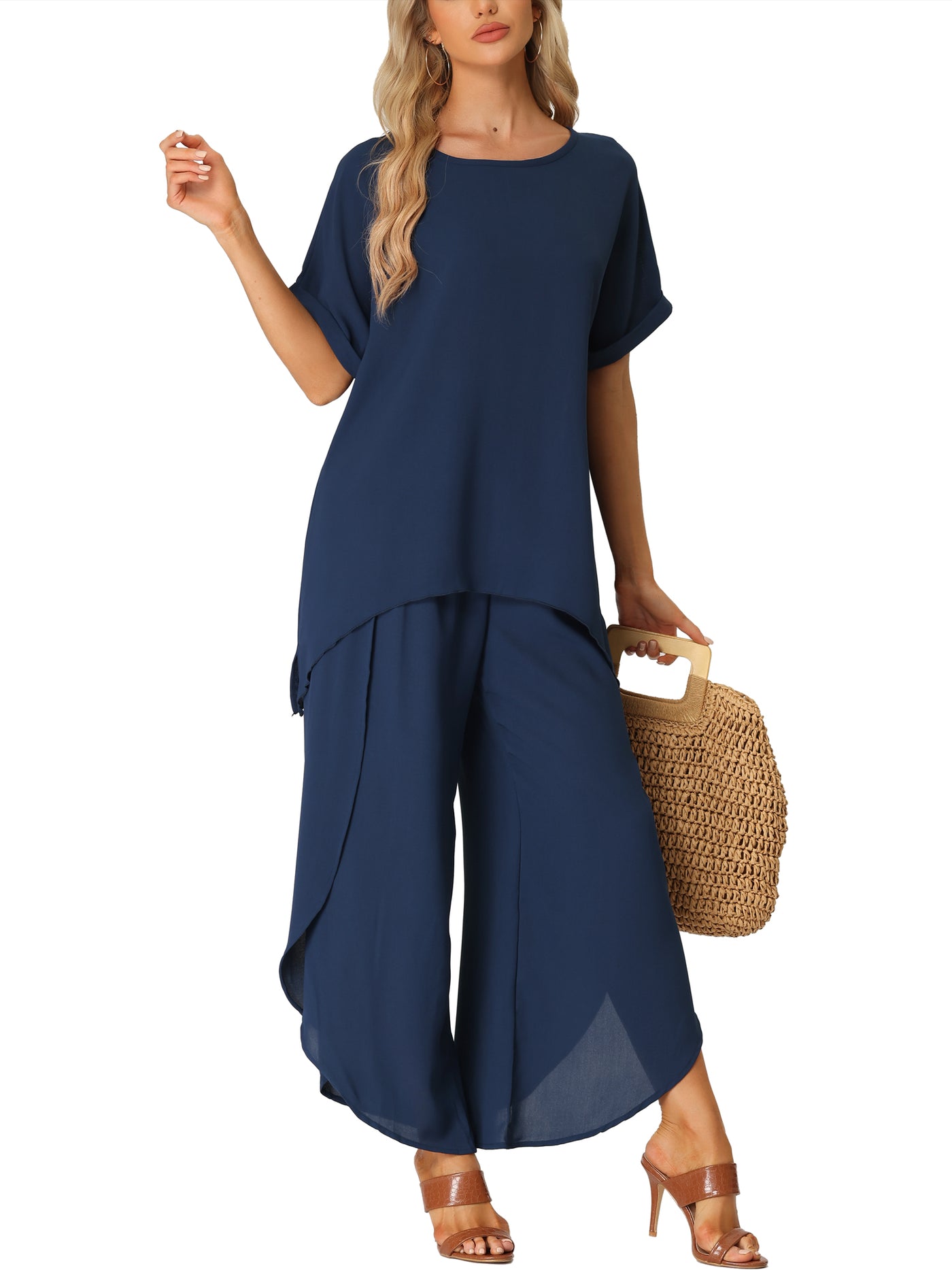 Bublédon Womens Casual Short Sleeve Loose Outfit Set Shirt Long Pants Loungewear 2 Piece Sets